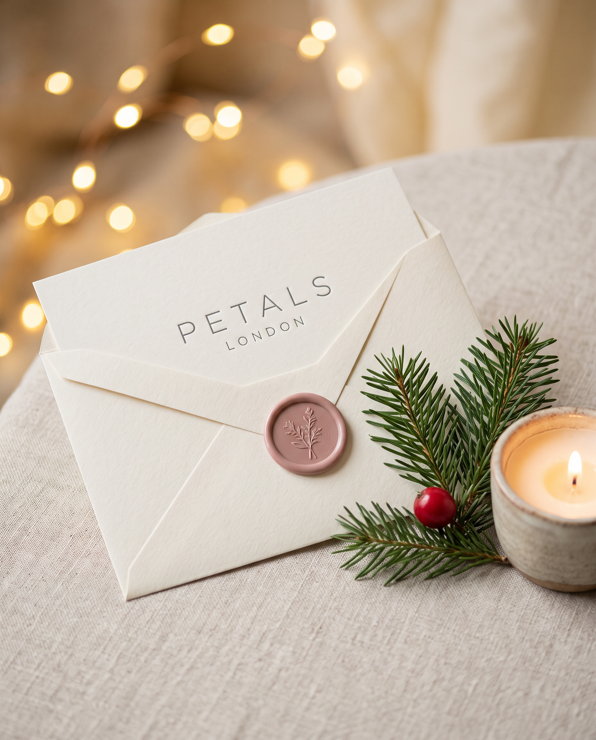 Petals London Christmas gift voucher in an ivory envelope with a pink wax seal