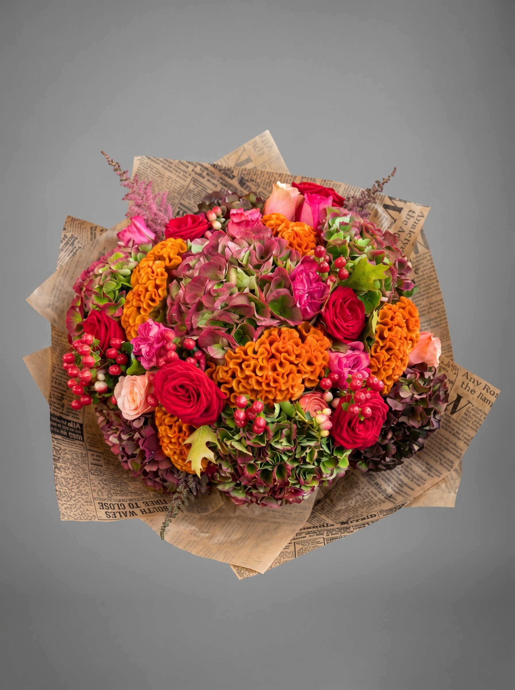 The Peak — luxury hand-tied autumnal hydrangea, celosia and rose bouquet by Petals London