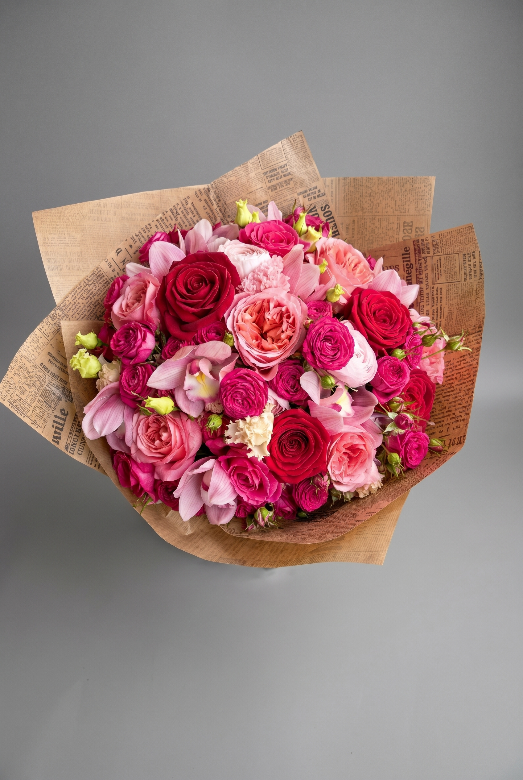 The Pinnacle — luxury hand-tied red and magenta rose bouquet with orchid by Petals London